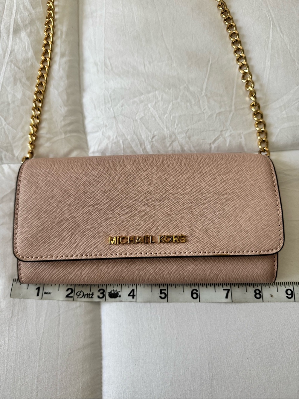Michael Kors Blush Saffiano Leather Crossbody Wallet with Gold Chain